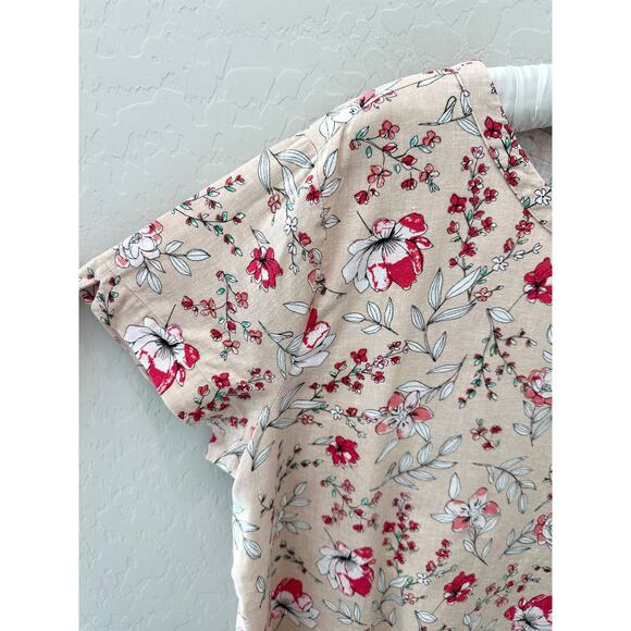 VAN HEUSEN Beige Pink Floral Linen Blend Short Sleeve Top Keyhole Back | Large - Picture 3 of 4